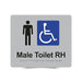 Braille Sign, Male Wheelchair Accessible Toilet Right Hand, 210 x 180mm, Silver/Black PVC