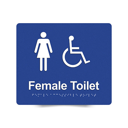Braille Sign, Female Wheelchair Accessible Toilet, 210 x 180mm, Blue/White PVC