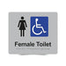 Braille Sign, Female Wheelchair Accessible Toilet, 210 x 180mm, Silver/Black PVC