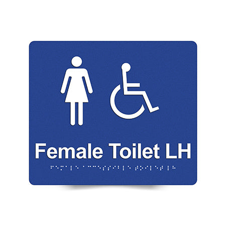 Braille Sign, Female Wheelchair Accessible Toilet Left Hand, 210 x 180mm, Blue/White PVC