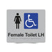 Braille Sign, Female Wheelchair Accessible Toilet Left Hand, 210 x 180mm, Silver/Black PVC