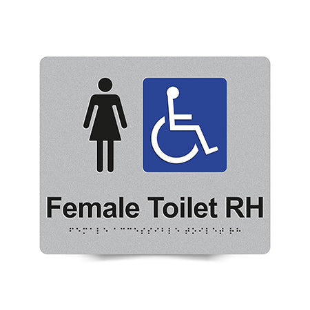 Braille Sign, Female Wheelchair Accessible Toilet Right Hand, 210 x 180mm, Silver/Black PVC