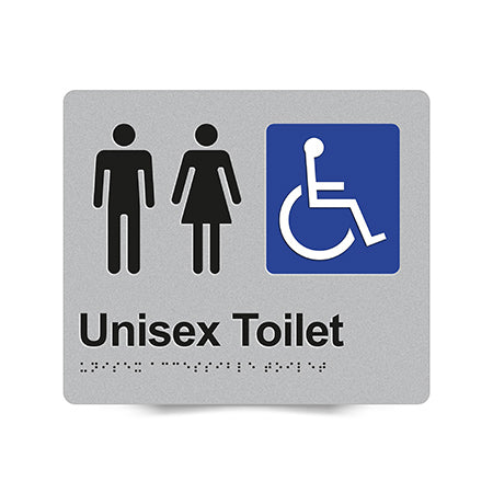 Braille Sign, Unisex Wheelchair Accessible Toilet, 210 x 180mm, Silver/Black PVC
