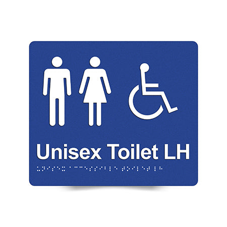 Braille Sign, Unisex Wheelchair Accessible Toilet Left Hand, 210 x 180mm, Blue/White PVC