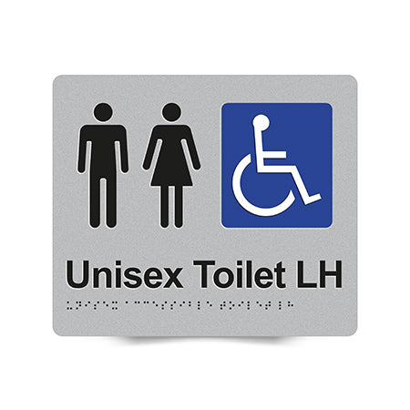 Braille Sign, Unisex Wheelchair Accessible Toilet Left Hand, 210 x 180mm, Silver/Black PVC