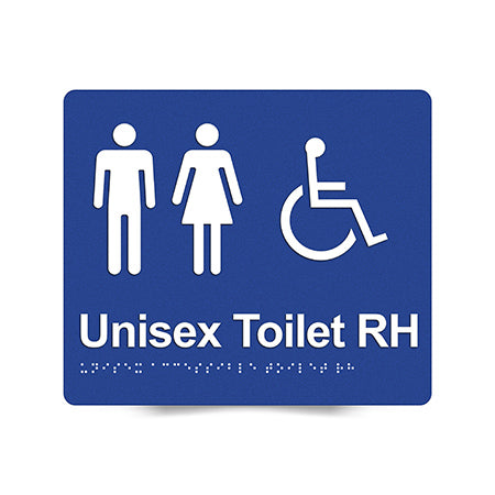 Braille Sign, Unisex Wheelchair Accessible Toilet Right Hand, 210 x 180mm, Blue/White PVC