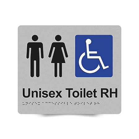 Braille Sign, Unisex Wheelchair Accessible Toilet Right Hand, 210 x 180mm, Silver/Black PVC