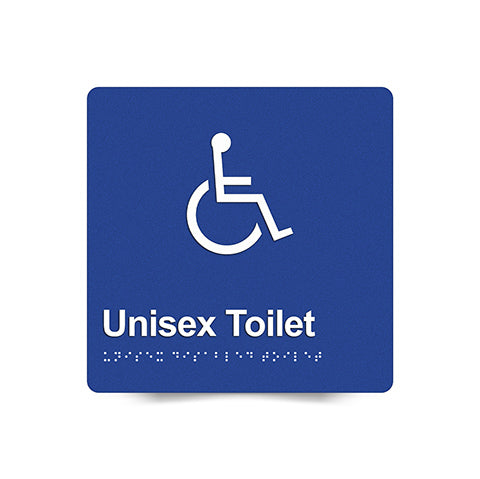 Braille Sign, Unisex Disabled Toilet, 180 x 180mm, Blue/White PVC