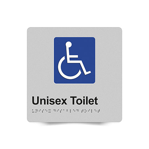 Braille Sign, Unisex Disabled Toilet, 180 x 180mm, Silver/Black PVC