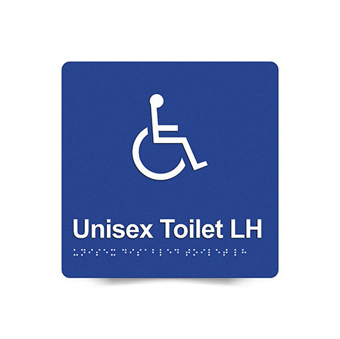 Braille Sign, Unisex Disabled Toilet Left Hand, 180 x 180mm, Blue/White PVC