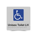 Braille Sign, Unisex Disabled Toilet Left Hand, 180 x 180mm, Silver/Black PVC