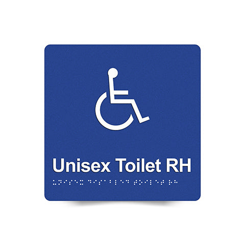 Braille Sign, Unisex Disabled Toilet Right Hand, 180 x 180mm, Blue/White PVC
