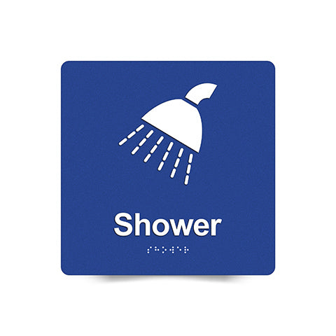 Braille Sign, Shower, 180 x 180mm, Blue/White PVC