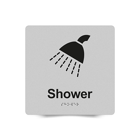 Braille Sign, Shower, 180 x 180mm, Silver/Black PVC