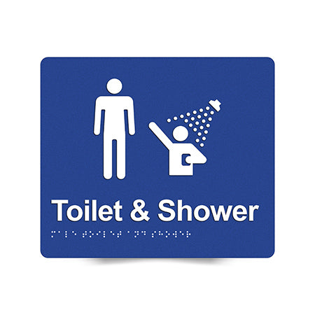 Braille Sign, Male Toilet & Shower, 210 x 180mm, Blue/White PVC