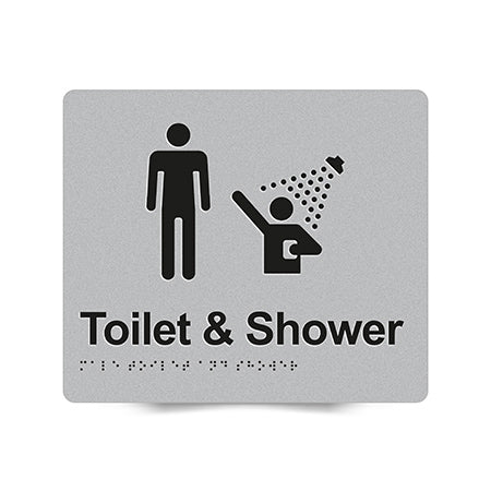 Braille Sign, Male Toilet & Shower, 210 x 180mm, Silver/Black PVC