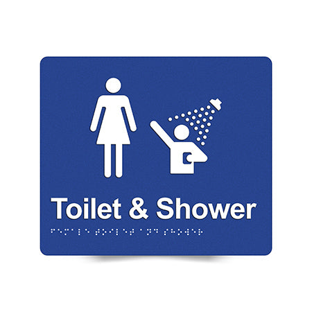 Braille Sign, Female Toilet & Shower, 210 x 180mm, Blue/White PVC