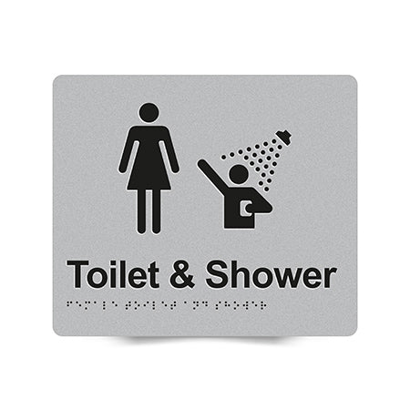 Braille Sign, Female Toilet & Shower, 210 x 180mm, Silver/Black PVC