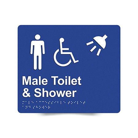 Braille Sign, Male Wheelchair Accessible Toilet & Shower, 210 x 180mm, Blue/White PVC