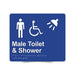Braille Sign, Male Wheelchair Accessible Toilet & Shower, 210 x 180mm, Blue/White PVC