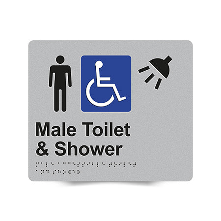 Braille Sign, Male Wheelchair Accessible Toilet & Shower, 210 x 180mm, Silver/Black PVC