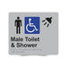 Braille Sign, Male Wheelchair Accessible Toilet & Shower, 210 x 180mm, Silver/Black PVC