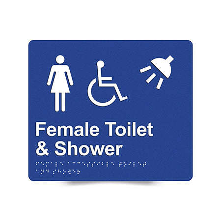 Braille Sign, Female Wheelchair Accessible Toilet & Shower, 210 x 180mm, Blue/White PVC