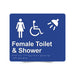 Braille Sign, Female Wheelchair Accessible Toilet & Shower, 210 x 180mm, Blue/White PVC