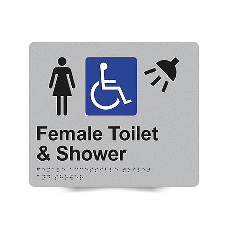 Braille Sign, Female Wheelchair Accessible Toilet & Shower, 210 x 180mm, Silver/Black PVC
