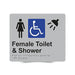 Braille Sign, Female Wheelchair Accessible Toilet & Shower, 210 x 180mm, Silver/Black PVC