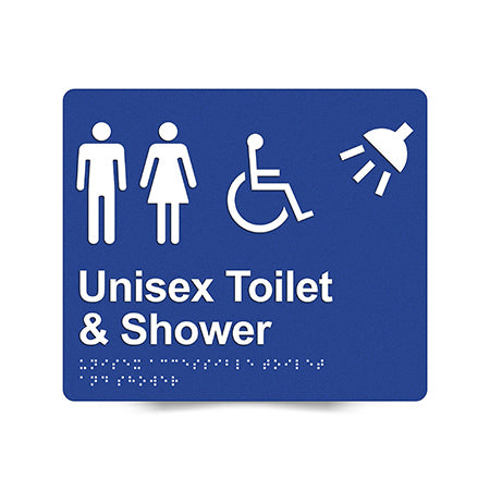 Braille Sign, Unisex Wheelchair Accessible Toilet & Shower, 210 x 180mm, Blue/White PVC