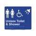 Braille Sign, Unisex Wheelchair Accessible Toilet & Shower, 210 x 180mm, Blue/White PVC