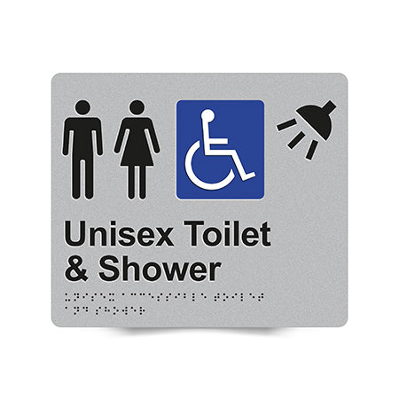 Braille Sign, Unisex Wheelchair Accessible Toilet & Shower, 210 x 180mm, Silver/Black PVC