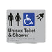 Braille Sign, Unisex Wheelchair Accessible Toilet & Shower, 210 x 180mm, Silver/Black PVC