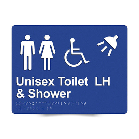 Braille Sign, Unisex Wheelchair Accessible Toilet & Shower Left Hand, 235 x 180mm, Blue/White PVC