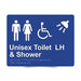 Braille Sign, Unisex Wheelchair Accessible Toilet & Shower Left Hand, 235 x 180mm, Blue/White PVC