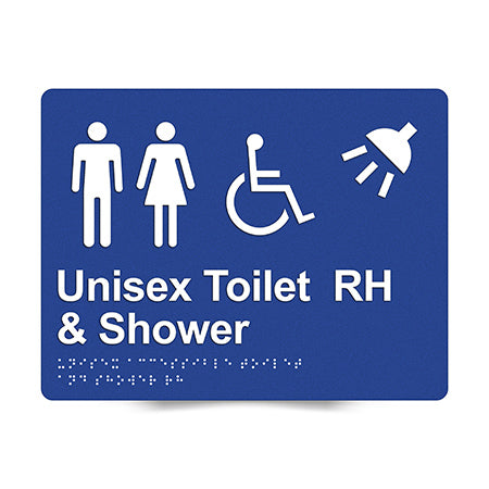 Braille Sign, Unisex Wheelchair Accessible Toilet & Shower Right Hand, 235 x 180mm, Blue/White PVC