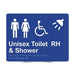 Braille Sign, Unisex Wheelchair Accessible Toilet & Shower Right Hand, 235 x 180mm, Blue/White PVC