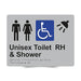 Braille Sign, Unisex Wheelchair Accessible Toilet & Shower Right Hand, 235 x 180mm, Silver/Black PVC