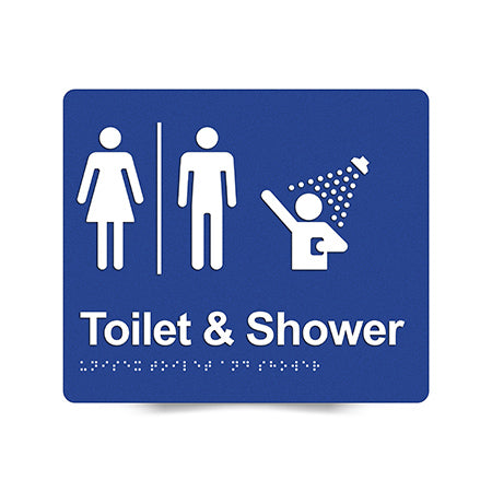 Braille Sign, Unisex Toilet & Shower, 210 x 180mm, Blue/White PVC