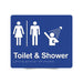 Braille Sign, Unisex Toilet & Shower, 210 x 180mm, Blue/White PVC