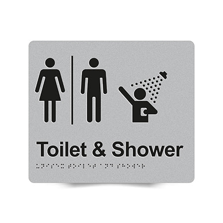 Braille Sign, Unisex Toilet & Shower, 210 x 180mm, Silver/Black PVC
