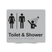Braille Sign, Unisex Toilet & Shower, 210 x 180mm, Silver/Black PVC