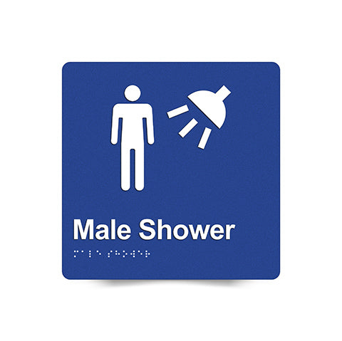 Braille Sign, Male Shower, 180 x 180mm, Blue/White PVC