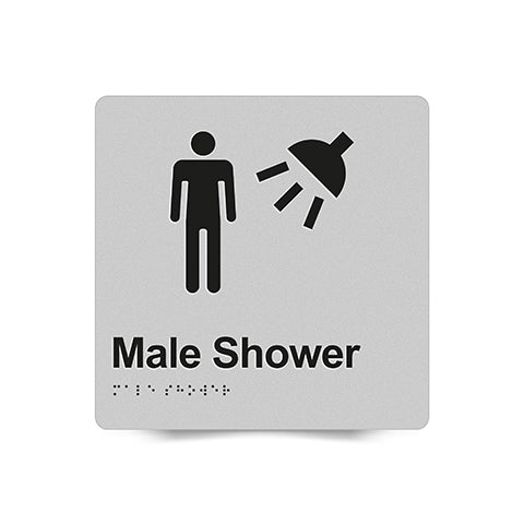 Braille Sign, Male Shower, 180 x 180mm, Silver/Black PVC
