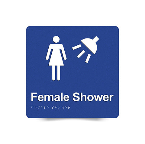 Braille Sign, Female Shower, 180 x 180mm, Blue/White PVC