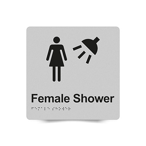 Braille Sign, Female Shower, 180 x 180mm, Silver/Black PVC