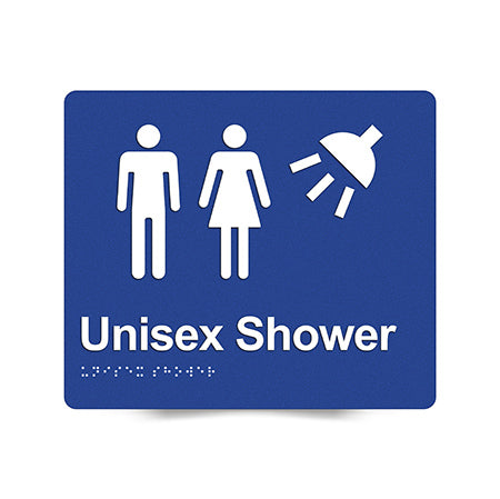 Braille Sign, Unisex Shower, 210 x 180mm, Blue/White PVC