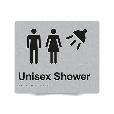 Braille Sign, Unisex Shower, 210 x 180mm, Silver/Black PVC