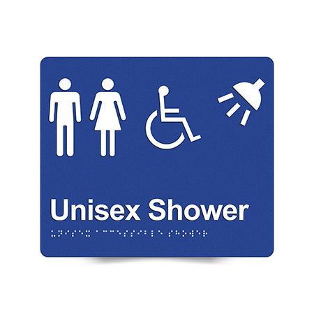 Braille Sign, Unisex Wheelchair Accessible Shower, 210 x 180mm, Blue/White PVC